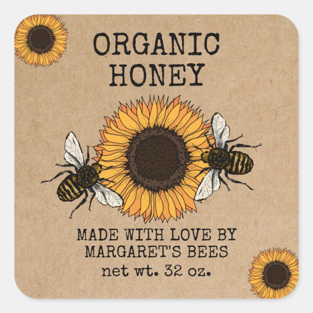 Pegatina Cuadrada Honey Jar Labels Honeybee Honeycomb Bee Apiary (Anverso)