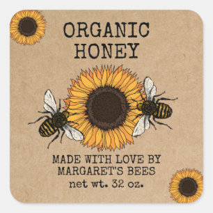 Pegatina Cuadrada Honey Jar Labels Honeybee Honeycomb Bee Apiary
