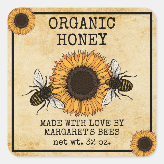 Pegatina Cuadrada Honey Jar Labels Honeybee Honeycomb Bee Apiary (Anverso)