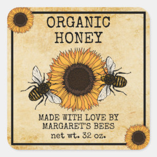 Pegatina Cuadrada Honey Jar Labels Honeybee Honeycomb Bee Apiary