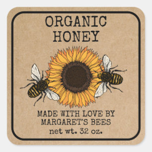 Pegatina Cuadrada Honey Jar Labels Honeybee Honeycomb Bee Apiary