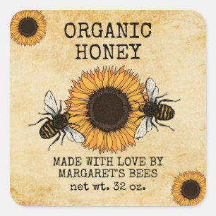 Pegatina Cuadrada Honey Jar Labels Honeybee Honeycomb Bee Apiary