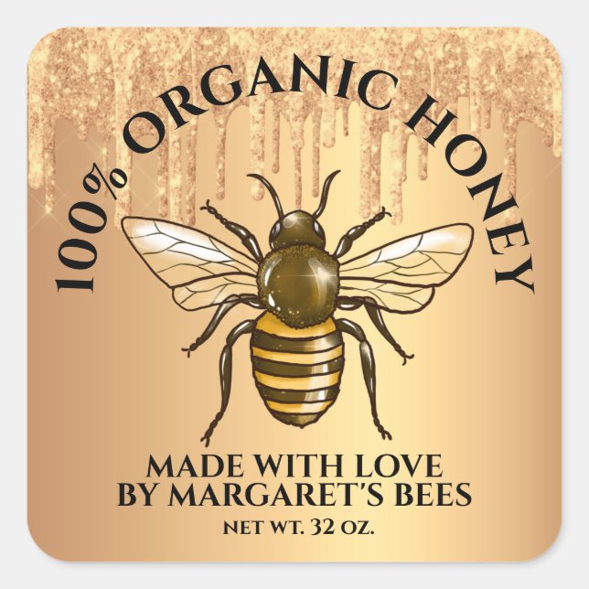 Pegatina Cuadrada Honey Jar Labels Honeybee Honeycomb Hecho con amor (Anverso)