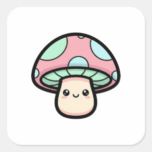 Pegatina Cuadrada Hongo Sonriente – Ilustración Kawaii Adorable