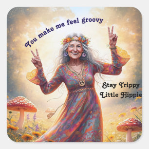Pegatina Cuadrada Hongos de la abuela Personalizado Hippie Boho Pers