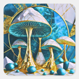 Pegatina Cuadrada Hongos en surrealismo geométrico azul y dorado