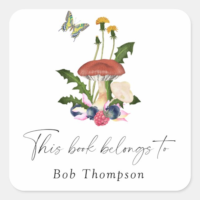 Pegatina Cuadrada Hongos - este libro pertenece a (Anverso)