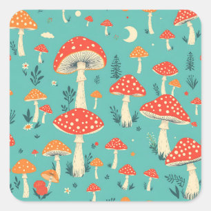 Pegatina Cuadrada Hongos retro en colores vintage