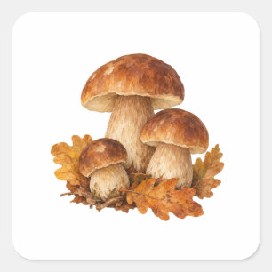 Pegatina Cuadrada Hongos y hojas de roble caídas