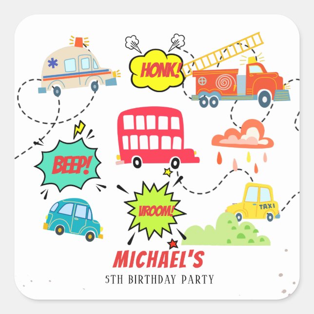 Pegatina Cuadrada Honk beep vroom vehículos felices cumpleaños (Anverso)