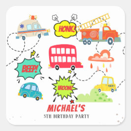 Pegatina Cuadrada Honk beep vroom vehículos felices cumpleaños
