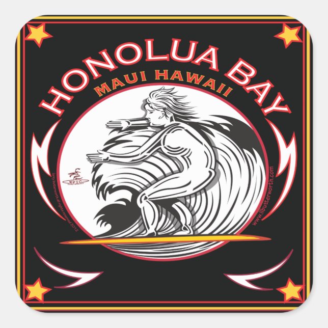 PEGATINA CUADRADA HONOLUA BAY MAUI HAWAII SURFING (Anverso)