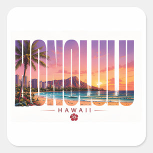 Pegatina Cuadrada Honolulu Hawái Moderno Playa Waikiki Viajes