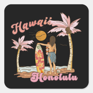 Pegatina Cuadrada Honolulu Hawái Retro Surf Playa Tropical