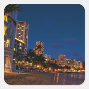 Pegatina Cuadrada Honolulu, Oahu, Hawaii. Exposición nocturna