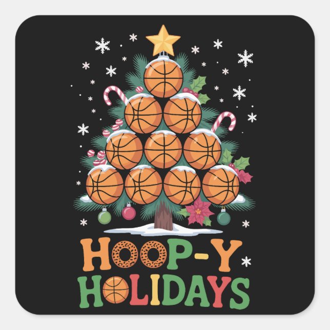 Pegatina Cuadrada Hoop-y Holidays Basketball Christmas Holiday Sport (Anverso)