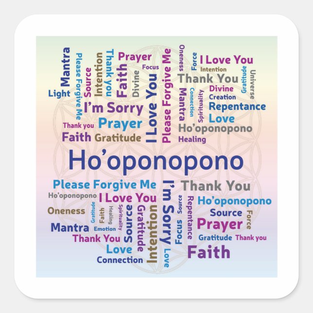 Pegatina Cuadrada Ho'oponopono Word Cloud - Mantra - Amor propio (Anverso)