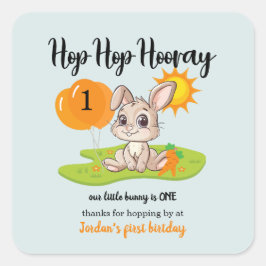 Pegatina Cuadrada Hop Hop Hooray Cute un conejo 1er cumpleaños