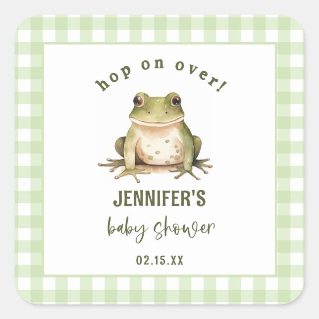 Pegatina Cuadrada Hop On Over Frog Tema Baby Shower (Anverso)