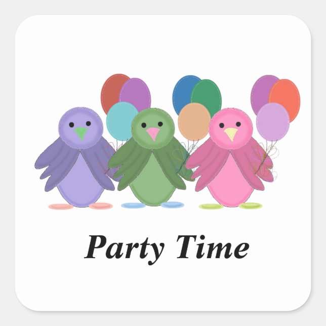 Pegatina Cuadrada Hora de fiesta de pájaros y globos (Anverso)