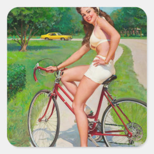 Pegatina Cuadrada Hora de un Paseo - Chica Retro Pin-up
