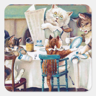 Pegatina Cuadrada Hora del desayuno del gato, Louis Wain