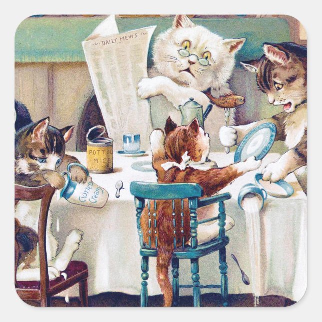Pegatina Cuadrada Hora del desayuno del gato, Louis Wain (Anverso)