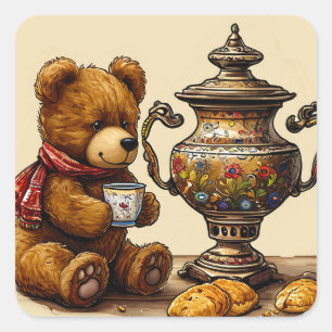 Pegatina Cuadrada Hora del té con oso