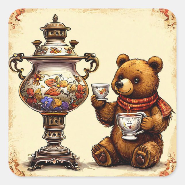 Pegatina Cuadrada Hora del té con oso (Anverso)