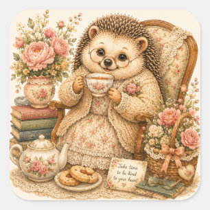 Pegatina Cuadrada Hora del té del erizo lindo Abuelita Silla de braz