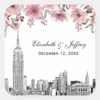 Pegatina Cuadrada Horizonte de NYC ESB Etch Floral Rosa Acuarela 