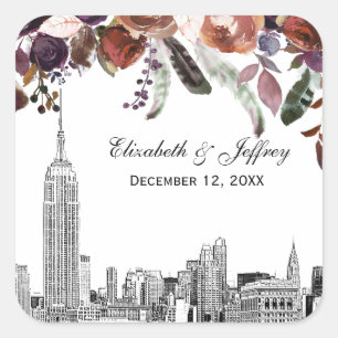 Pegatina Cuadrada Horizonte de NYC ESB Grabado Burdeos Floral Boda