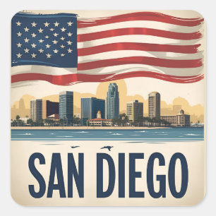 Pegatina Cuadrada Horizonte de San Diego California–Arte de paisaje 