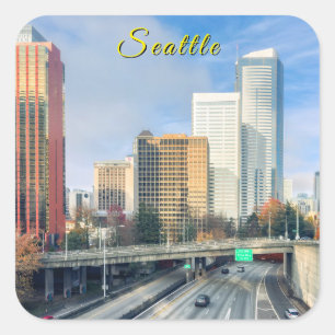Pegatina Cuadrada Horizonte de Seattle con autopista