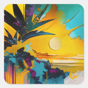 Pegatina Cuadrada Horizonte Dorado – Atardecer Tropical Abstracto