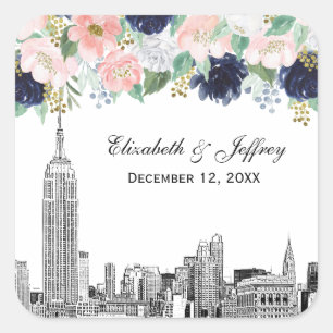 Pegatina Cuadrada Horizonte urbano de NYC ESB Etch Rosa Blanco Azul