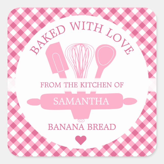 Pegatina Cuadrada Horneado con amor Banana Bread Pink Gingham Kitche (Anverso)