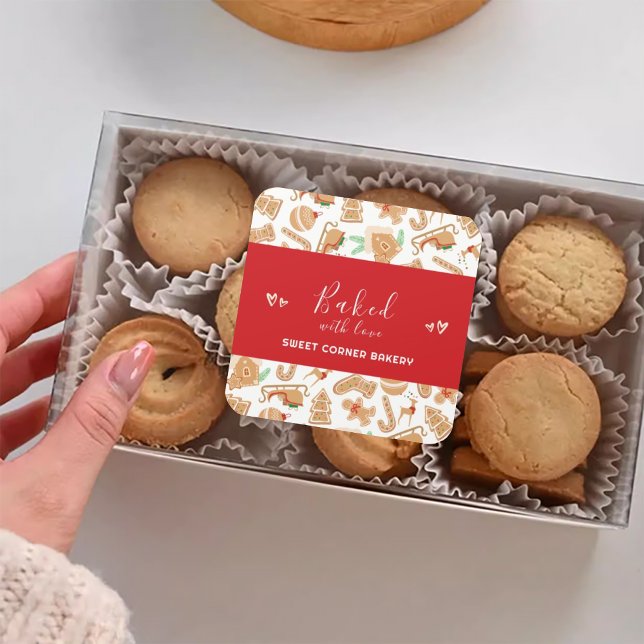 Pegatina Cuadrada Horneado con amor Panadería Festividad de Gingerbr (Baked with Love Bakery Gingerbread Holiday Square Sticker)