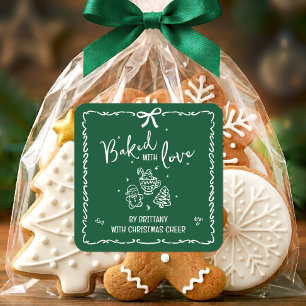 Pegatina Cuadrada Horneado con Amor Verde Navidades Dibujadas a Mano