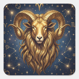 Pegatina Cuadrada Horoscope Sign Aries Golden Ram and Stars