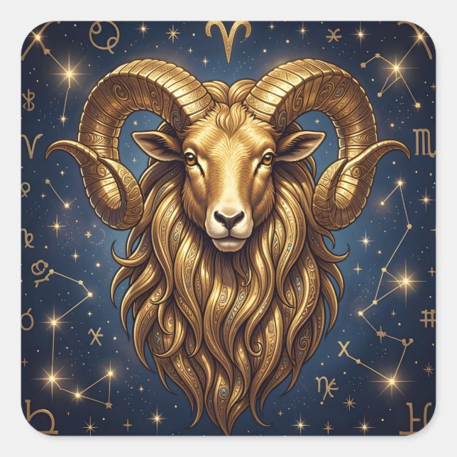 Pegatina Cuadrada Horoscope Sign Aries Golden Ram and Stars (Anverso)