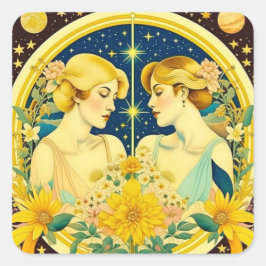 Pegatina Cuadrada Horoscopio Rótulo Gemini Twins Arte etéreo