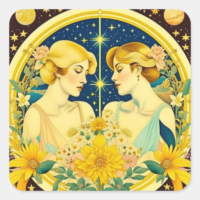 Pegatina Cuadrada Horoscopio Rótulo Gemini Twins Arte etéreo (Anverso)