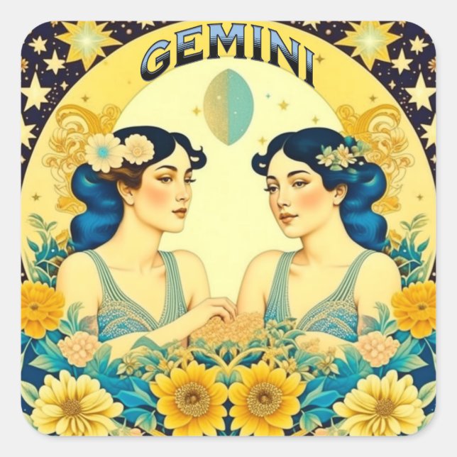 Pegatina Cuadrada Horoscopio Rótulo Gemini Twins Celestial (Anverso)