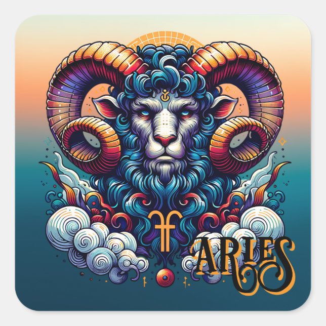 Pegatina Cuadrada Horóscopo Rótulo Aries | Ran místico (Anverso)