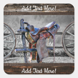 Pegatina Cuadrada Horse Saddle Corral Fence Western Wagon Wheels