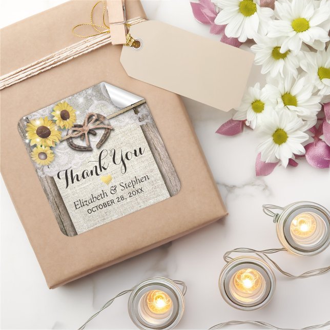 Pegatina Cuadrada Horseshoe Burlap Lace Sunflowers Boda Gracias (Subido por el creador)