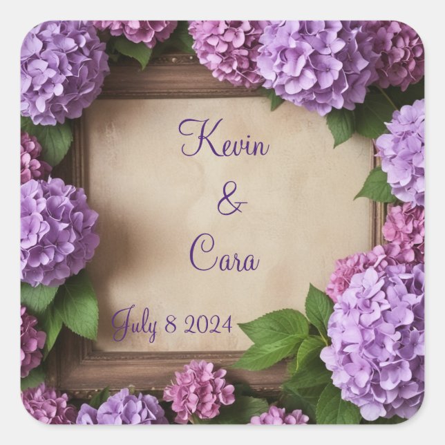 Pegatina Cuadrada Hortensias Moradas y Rosadas (Anverso)