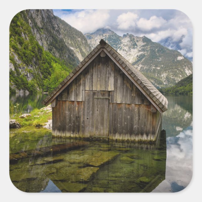 Pegatina Cuadrada Hostal en el lago Obersee en los Alpes de Alemania (Anverso)