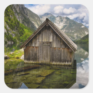 Pegatina Cuadrada Hostal en el lago Obersee en los Alpes de Alemania